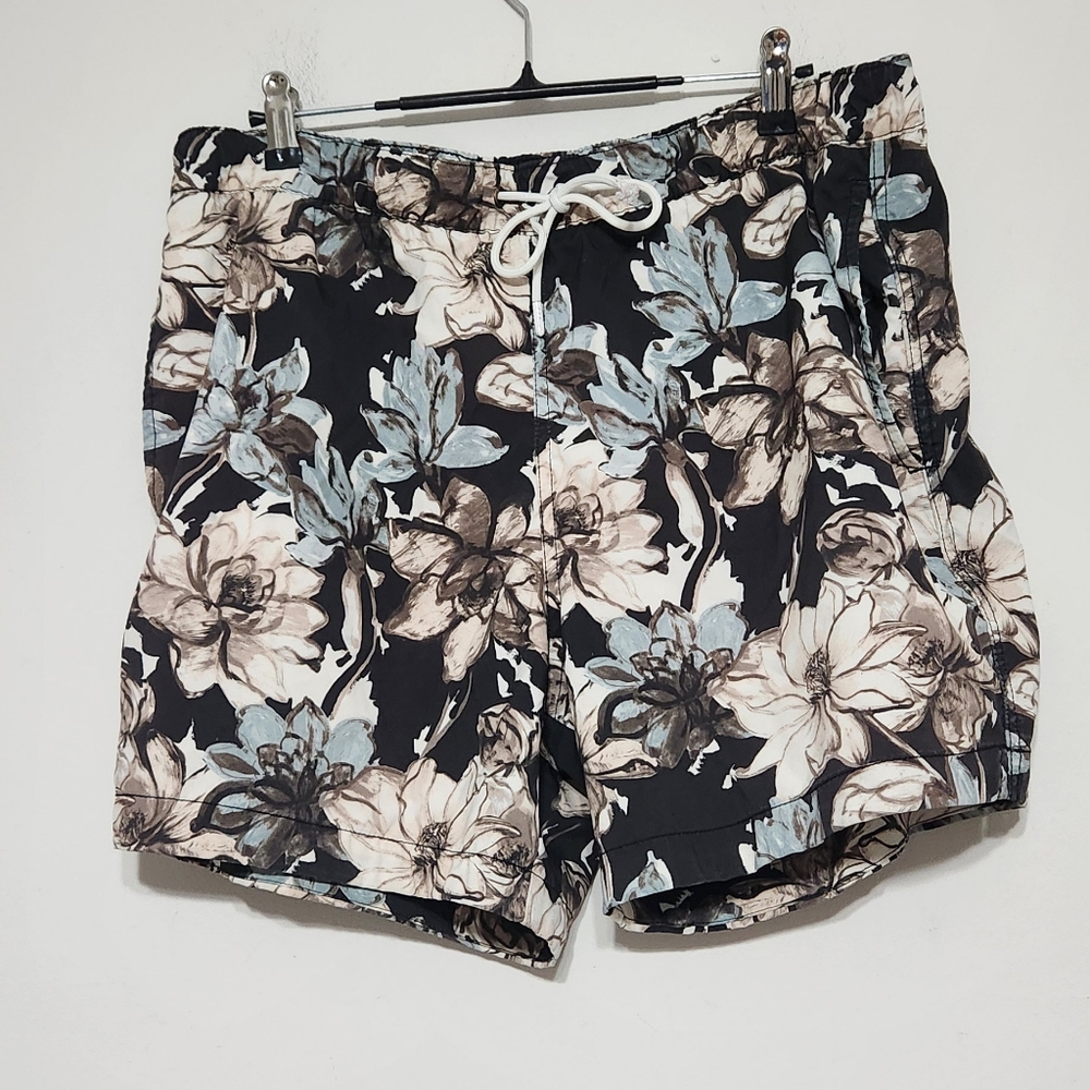 Abercrombie & Fitch Floral Swim Trunk Shorts Swimsuit Black Cream Blue L